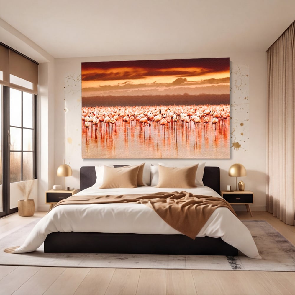 Tablou canvas cu tablou canvas cu stol de flamingo la apus, fara rama, pe sasiu de lemn, pe perete intr-un dormitor